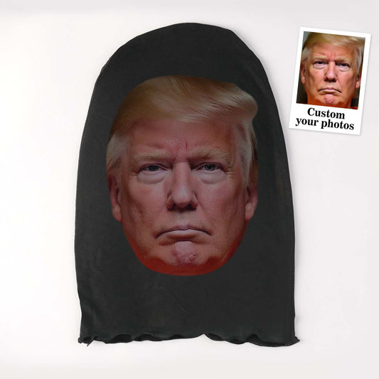 Front view of Custom Trump Mask — personalised 3D spoof face mask with lifelike facial features, breathable mesh polyester and novelty party appeal