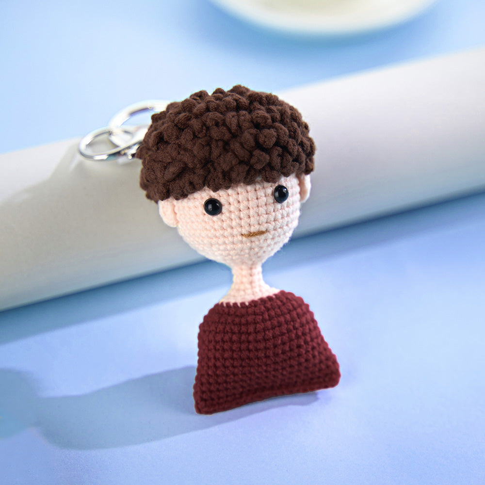 Selection of personalised handwoven crochet mini dolls with different outfits — custom mini doll keyrings perfect for personalised gifts