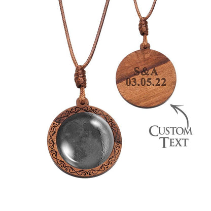 Personalised Moon Phase Wood Pendant Necklace with Engraved Name - Valentine's Gift for Her