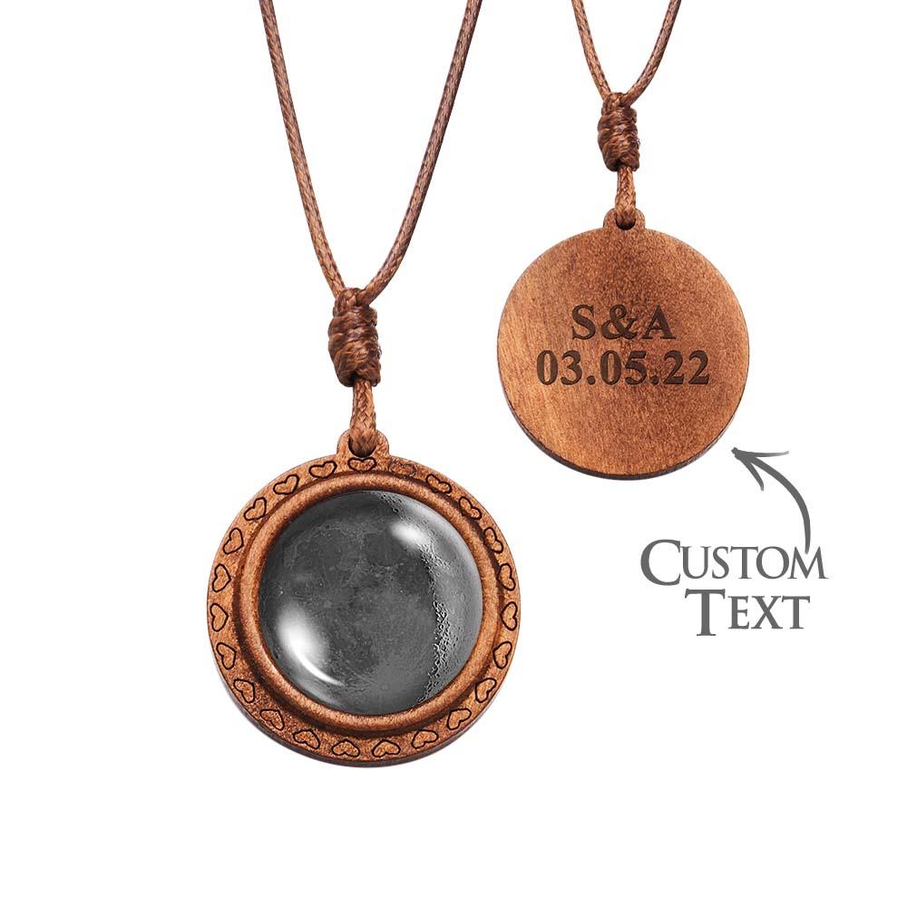 Personalised Moon Phase Wood Pendant Necklace with Engraved Name - Valentine's Gift for Her