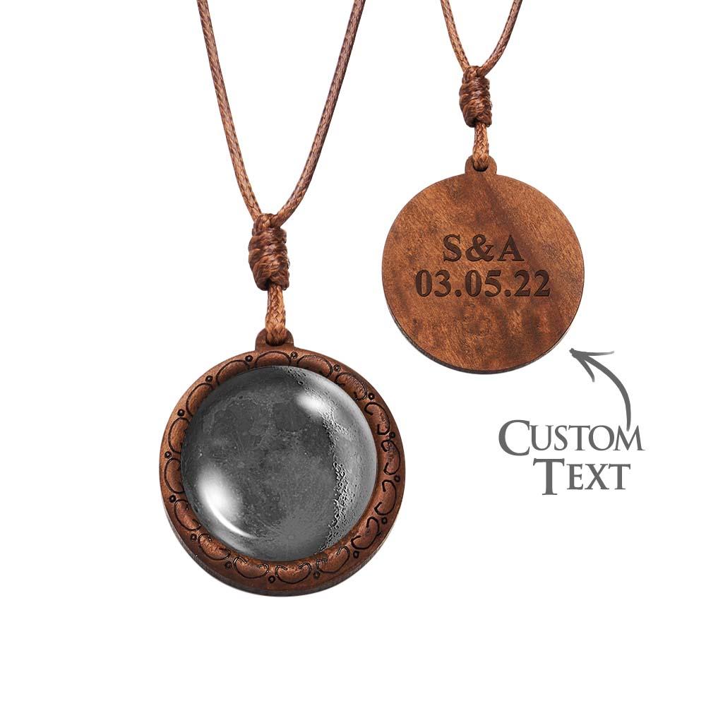 Personalised Moon Phase Wood Pendant Necklace with Engraved Name - Valentine's Gift for Her
