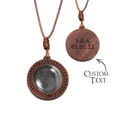 Personalised Moon Phase Wood Pendant Necklace with Engraved Name - Valentine's Gift for Her