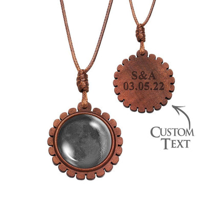 Personalised Moon Phase Wood Pendant Necklace with Engraved Name - Valentine's Gift for Her