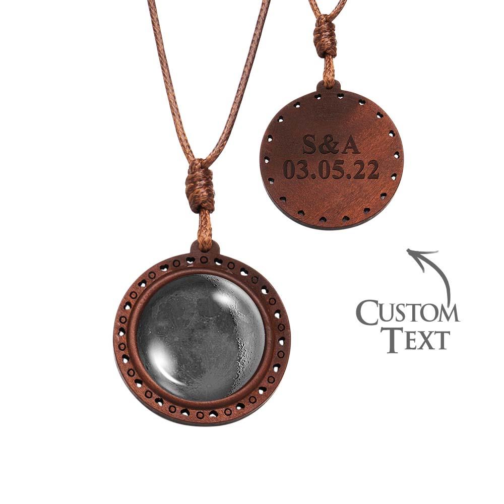 Personalised Moon Phase Wood Pendant Necklace with Engraved Name - Valentine's Gift for Her