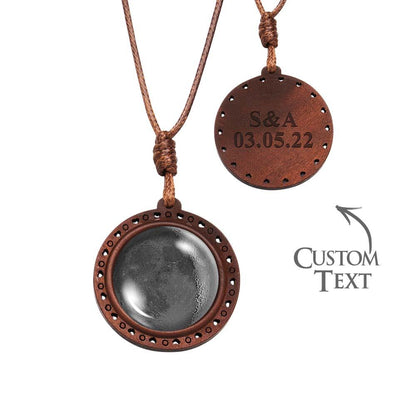 Personalised Moon Phase Wood Pendant Necklace with Engraved Name - Valentine's Gift for Her