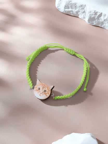 Wooden charm with pet portrait on adjustable bracelet