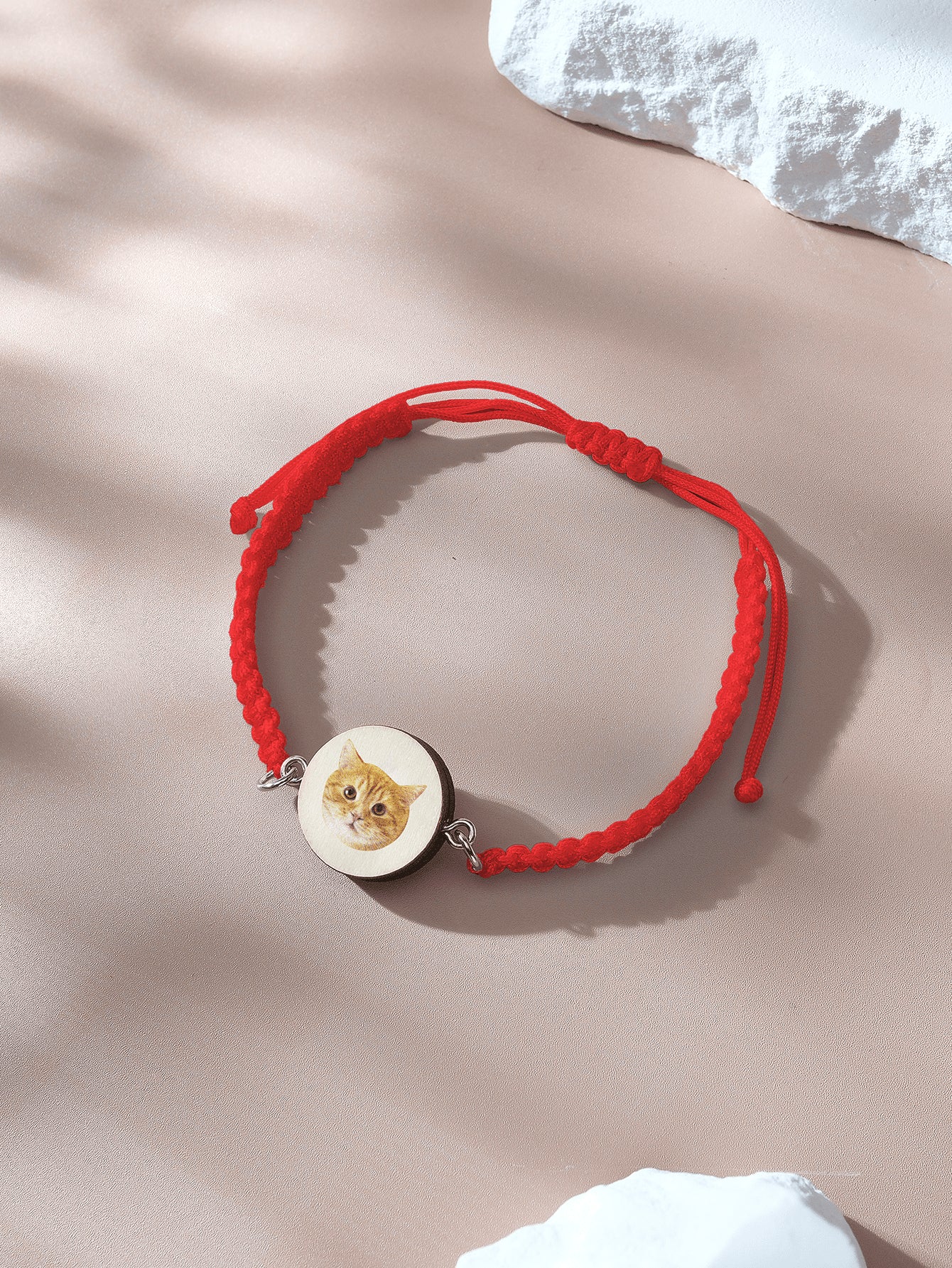 Natural wood pendant with pet portrait and braided bracelet