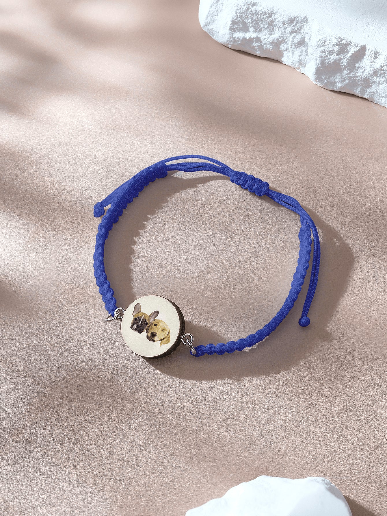Personalised pet portrait wooden pendant on braided bracelet