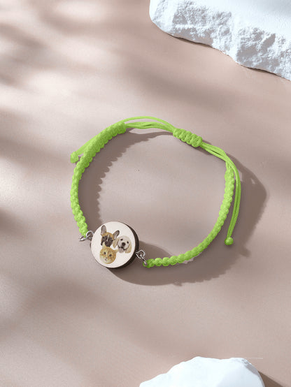 Wooden pendant with pet portrait on adjustable bracelet