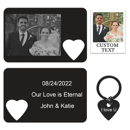 Personalised photo engraved wallet card with matching heart keychain set – couple gift keepsake