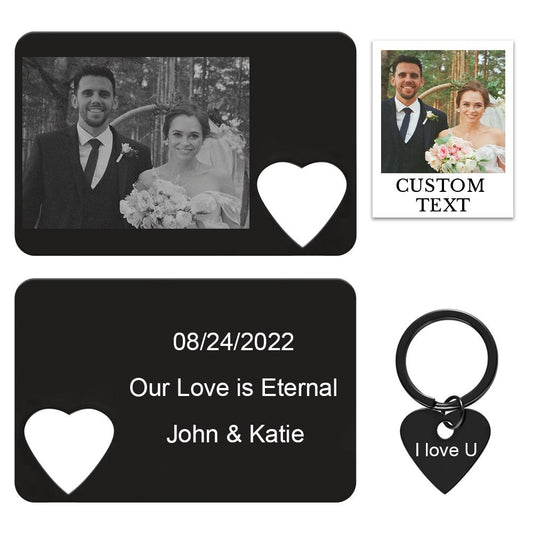 Personalised photo engraved wallet card with matching heart keychain set – couple gift keepsake