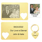 Matching personalised photo engraved wallet card and heart keychain set displayed as a romantic keepsake