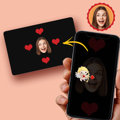 Front view of personalised AR animation card with customised head portrait and fixed body pose — interactive augmented reality keepsake for memorials, Christmas and special occasions