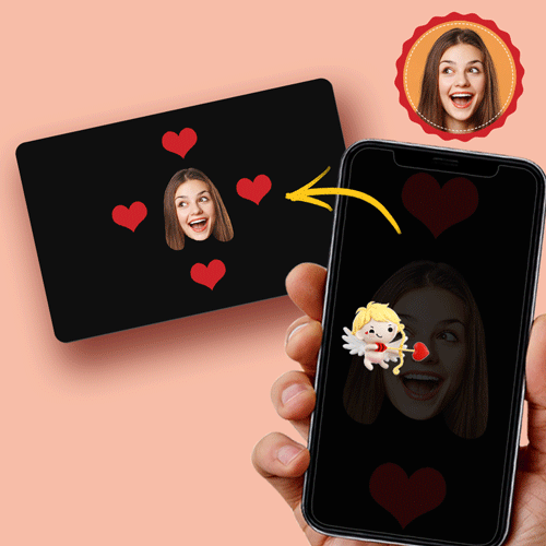 Front view of personalised AR animation card with customised head portrait and fixed body pose — interactive augmented reality keepsake for memorials, Christmas and special occasions