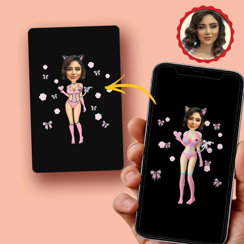 Scannable AR Pink Cat Card: a durable plastic card with a QR code to launch augmented reality animation in your space.