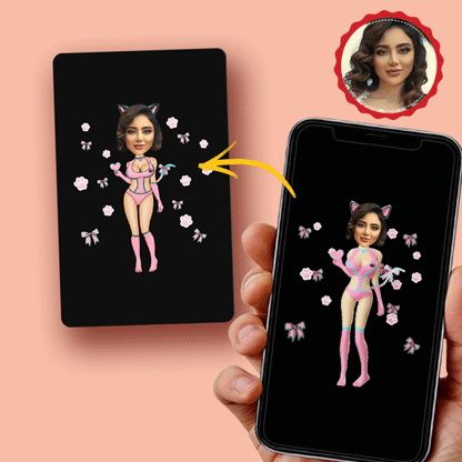 Scannable AR Pink Cat Card: a durable plastic card with a QR code to launch augmented reality animation in your space.