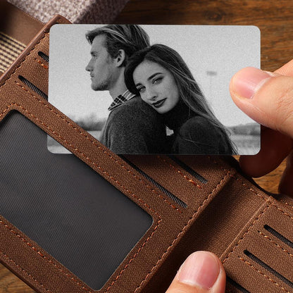 Hand-held personalised engraved wallet photo card to show scale – bespoke metal keepsake for partner, mum or dad with custom date