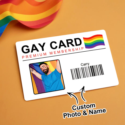 Custom photo personalised name wallet card with rainbow Gay Pride motif — durable plastic 5.4 x 8.6 cm LGBT keepsake for wallets