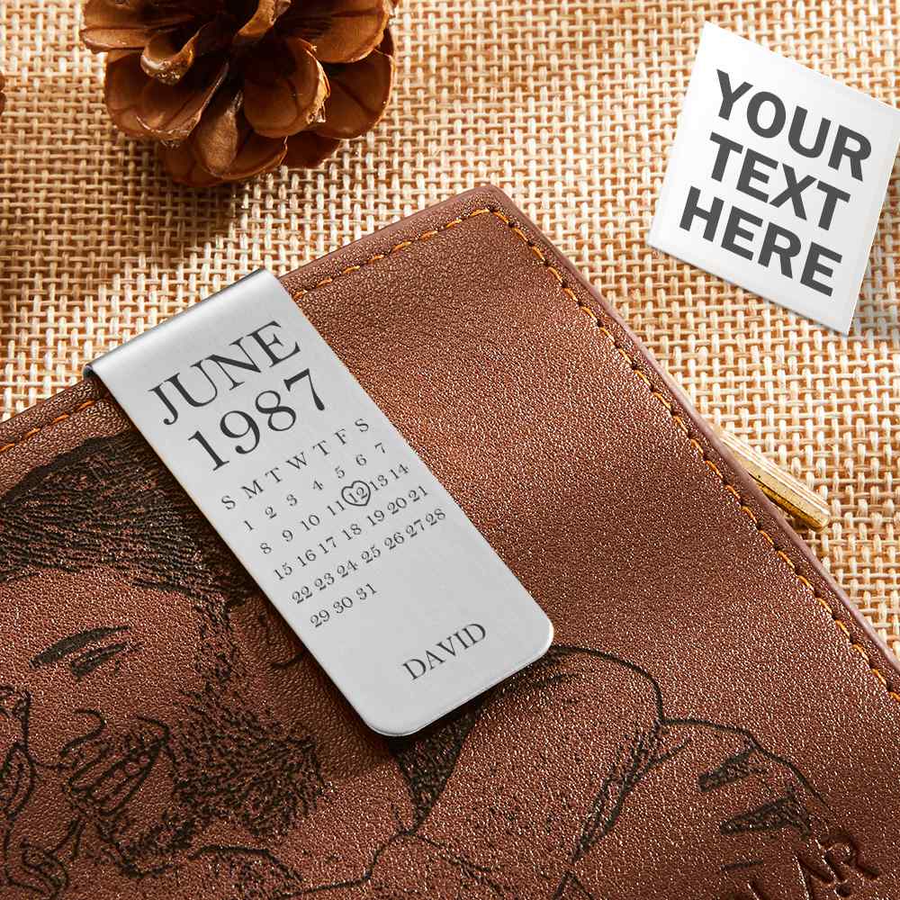 Close-up of engraved/printed photo surface on personalised stainless steel money clip, high-resolution custom detail