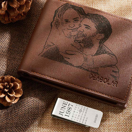 Personalised photo stainless steel money clip, front view with engraved picture holding notes — custom gift for him