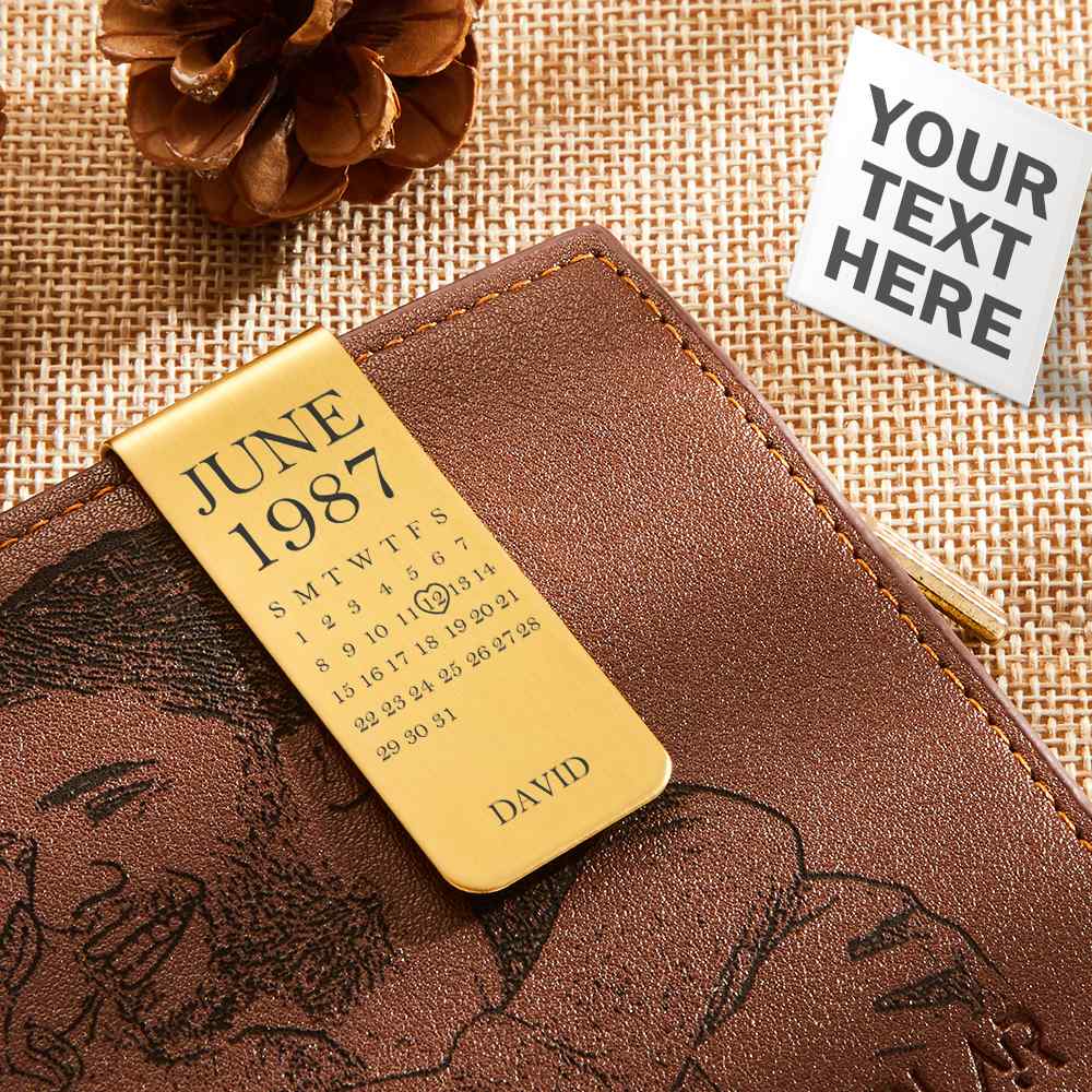 Personalised photo stainless steel money clip, front view with engraved picture holding notes — custom gift for him
