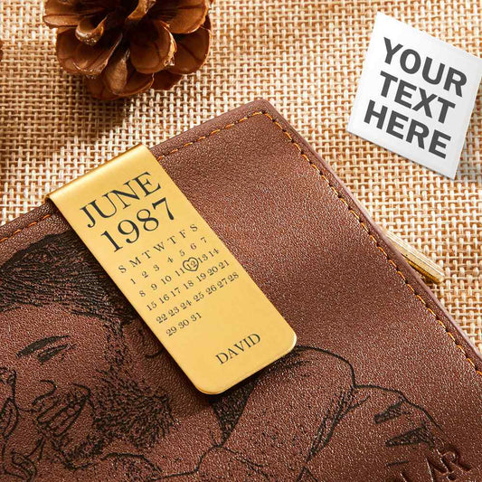 Personalised photo stainless steel money clip, front view with engraved picture holding notes — custom gift for him