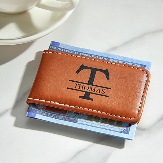 Personalised men's leather money clip wallet in brown with silver clip — slim front-pocket wallet, custom engraved gift for husband, anniversary or groomsmen