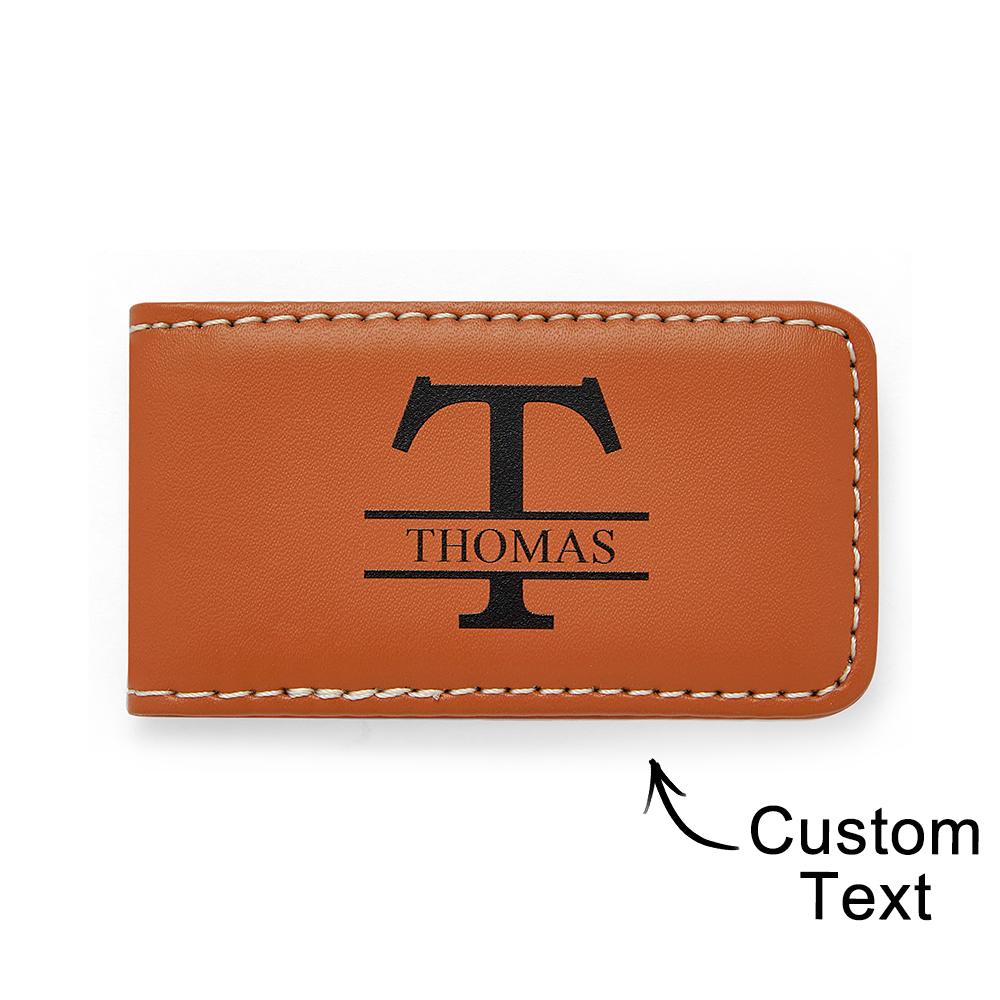 Personalised men's leather money clip wallet in brown with silver clip — slim front-pocket wallet, custom engraved gift for husband, anniversary or groomsmen