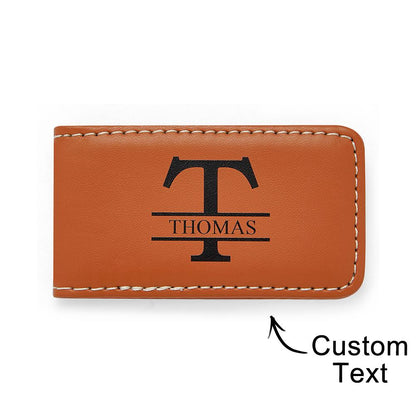 Personalised men's leather money clip wallet in brown with silver clip — slim front-pocket wallet, custom engraved gift for husband, anniversary or groomsmen