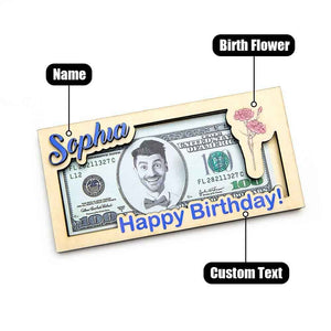 Custom Name & Text Birth Flower Wooden Money Box - Personalized Storage