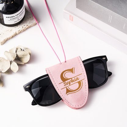 Side profile of personalised leather glasses lanyard showing compact design and neat stitching