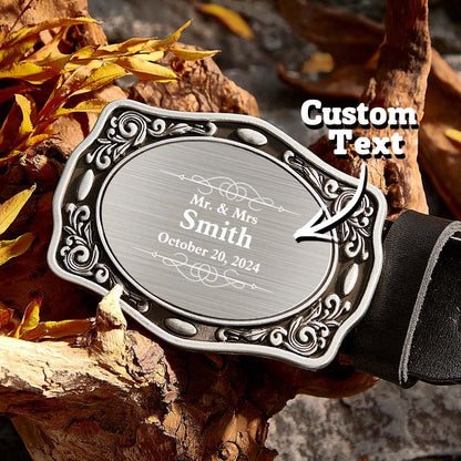 Personalised Western cowboy name belt buckle — front view showing engraved name, zinc alloy finish, 9cm x 6.6cm; groom wedding gift