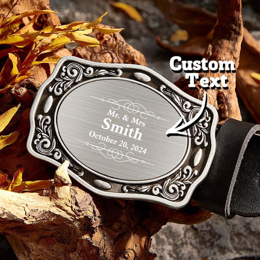 Personalised Western cowboy name belt buckle — front view showing engraved name, zinc alloy finish, 9cm x 6.6cm; groom wedding gift