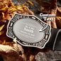 Personalised Western cowboy name belt buckle — front view showing engraved name, zinc alloy finish, 9cm x 6.6cm; groom wedding gift
