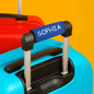 Neoprene luggage handle wrap beside ruler showing approximate size 15.5cm x 14.7cm, personalised travel ID tag dimensions
