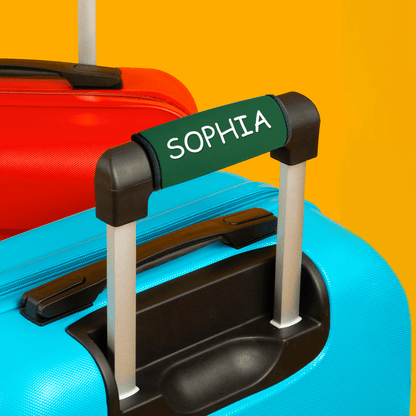 Care instructions on personalised neoprene luggage handle wrap showing wipe clean guidance and colour variation notice