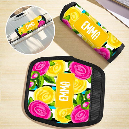Close-up of personalised neoprene luggage handle wrap showing Vacation Element print and neat stitching — durable travel accessory
