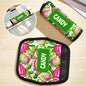 Flat lay of personalised Vacation Element neoprene handle wraps in travel-themed designs — choice of colours and patterns
