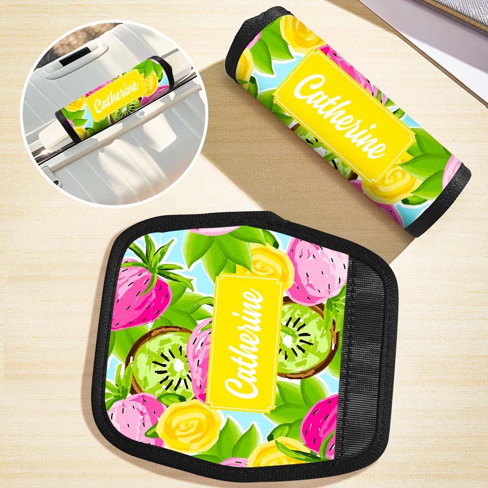 Personalised handle wrap wrapped around a suitcase handle showing custom photo option — unique travel gift for travel lovers
