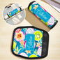 Stacked suitcases each fitted with a personalised neoprene handle wrap — handy for families and group travel