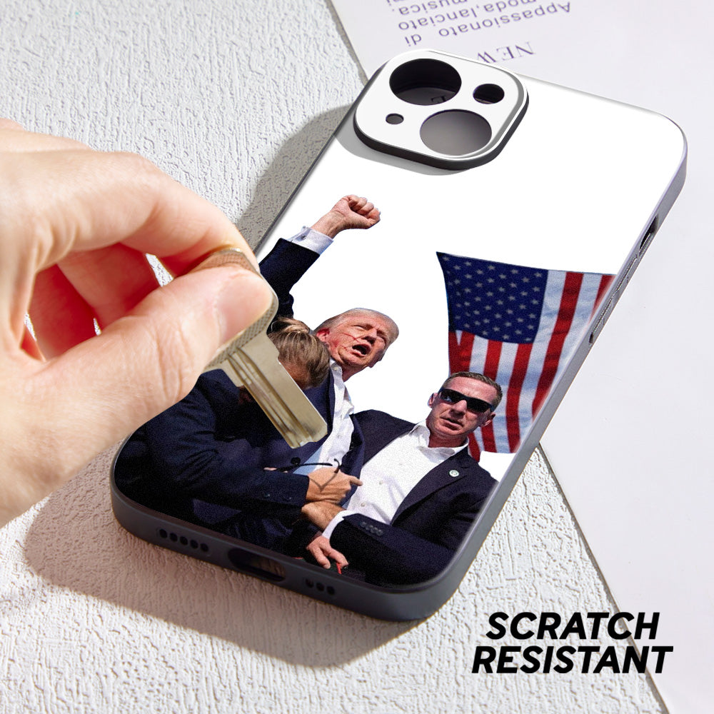 Close-up of customised head design option on Trump phone case for iPhone.