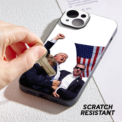 Close-up of customised head design option on Trump phone case for iPhone.