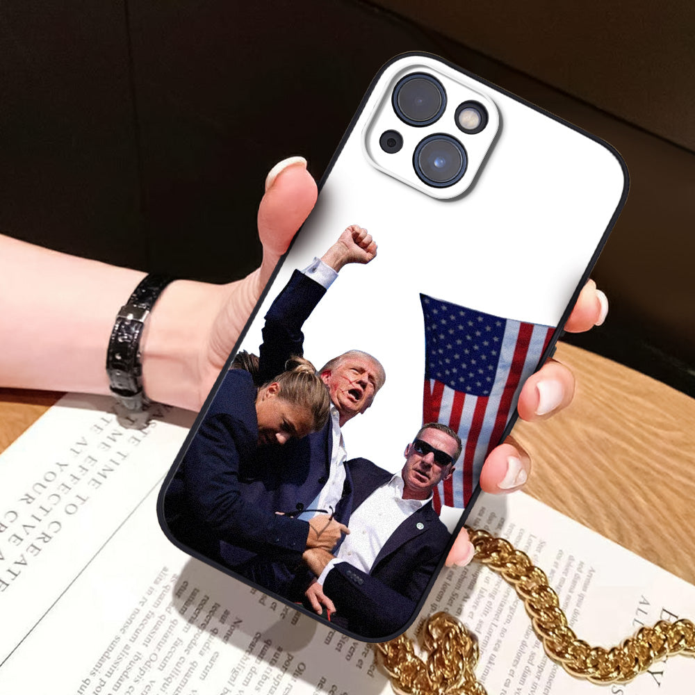 Alternate angle of Trump portrait TPU phone case, with personalised engraving option and precise iPhone cutouts.