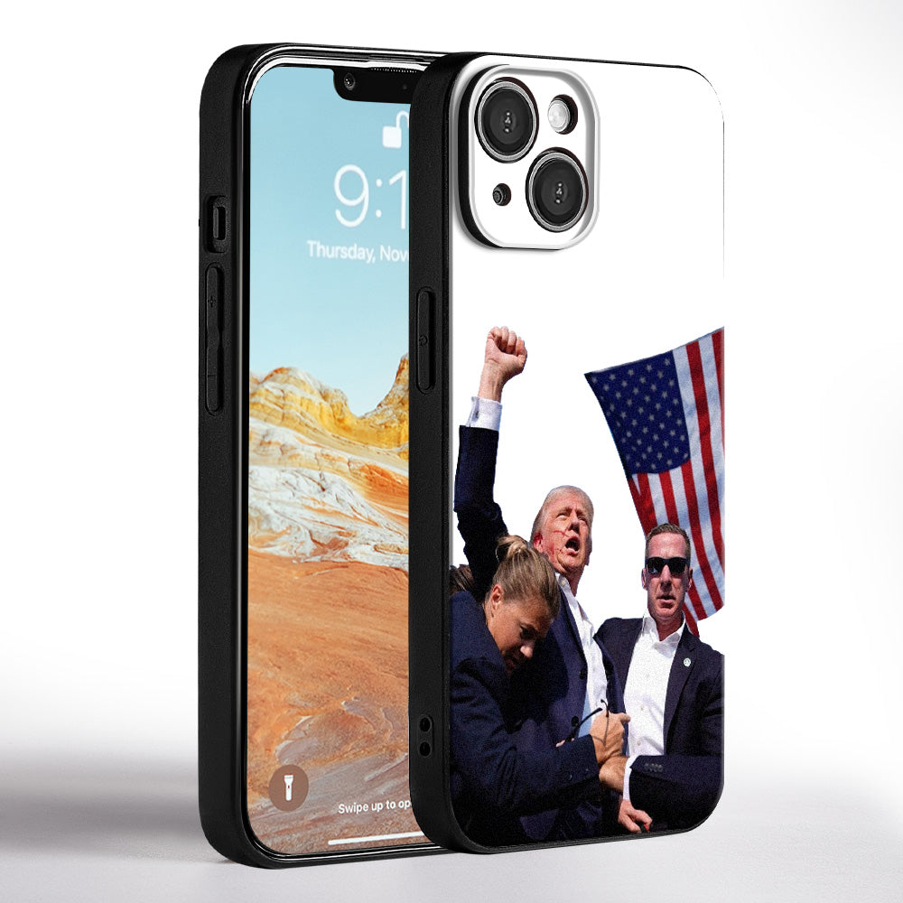 Front-facing view of Trump TPU phone case on iPhone, showing camera and port cutouts.
