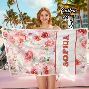 Personalized Watercolor Flower Beach Towel with Name Beach Accessories Gift for Her