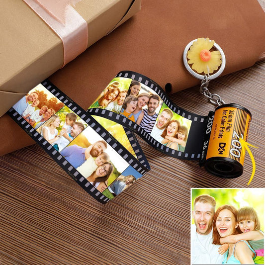 Personalised Film Roll Photo Keychain front view showing custom photo in camera-inspired film roll with sturdy key ring — perfect gift for him