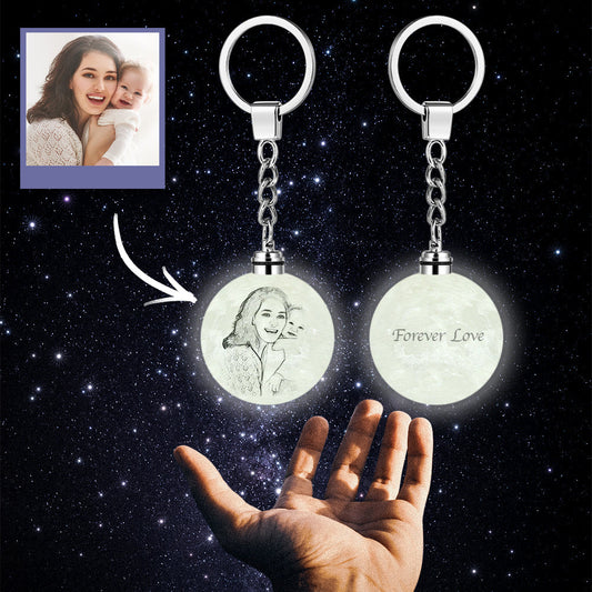 Personalised 3D printed photo moon lamp keychain — front view showing custom photo with gentle LED glow, ideal custom LED keyring