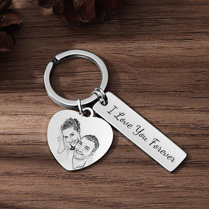 Personalised photo keyring with keys to show scale – lightweight engraved stainless steel custom keychain, ideal for anniversaries and gifts