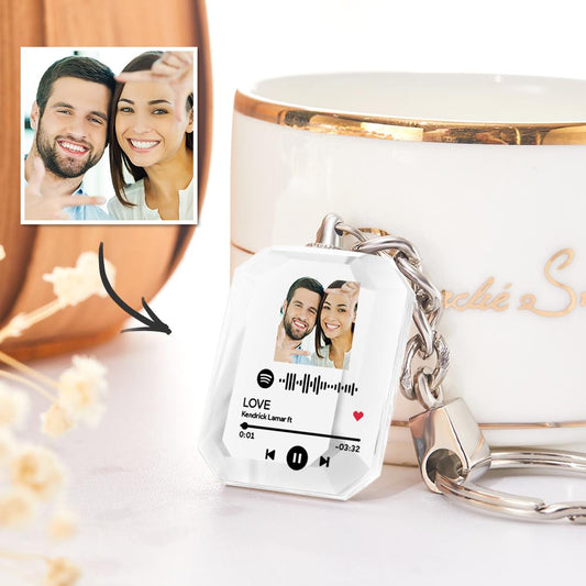 Personalised crystal anniversary keyring with engraved photo and scannable music code