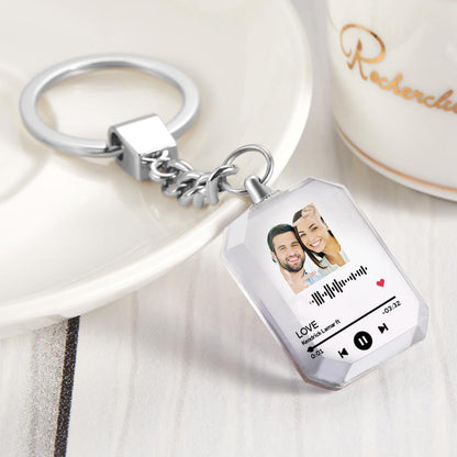 Personalised crystal photo keyring with scannable code – clear double-sided crystal pendant with UV-printed photo and sturdy key ring, ideal personalised keepsake